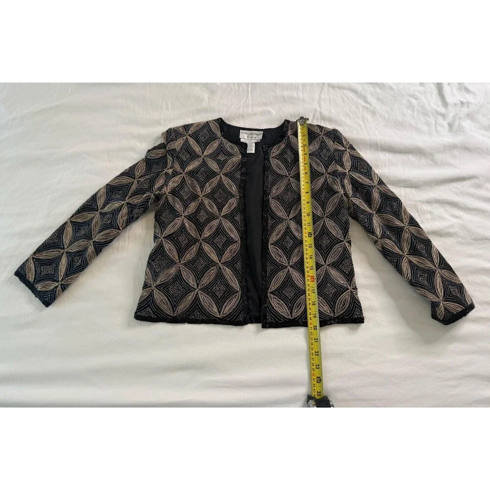 Papell Boutique Silk Beaded Art Deco Evening Jacket Black Gold Open Front Size S - Picture 9 of 13